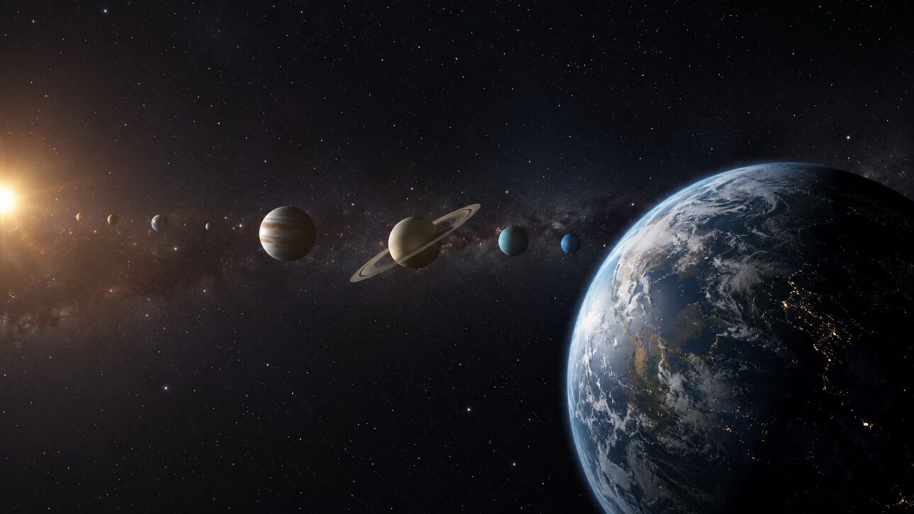 Visión cinematográfica del Sistema Solar visto desde el espacio profundo, con la Tierra iluminada al fondo, estrellas distantes, sensación de aislamiento cósmico, ultra realista, astronomía científica. Fuente: Ilustración