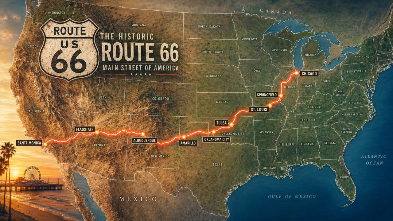 Descubra a Route 66, a lendária estrada que percorre quase 4 mil quilômetros, cruza oito estados e mantém vivo um importante legado cultural.