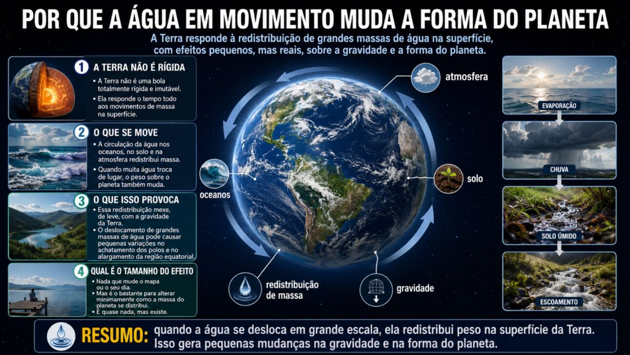 Mudanças climáticas e fenômenos como o El Niño redistribuem água e mudam de leve a gravidade da Terra e o campo gravitacional, captados por satélites.
