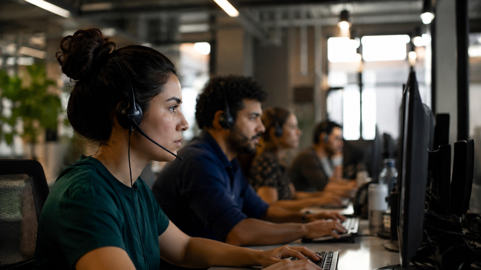 Central de atendimento moderna com atendentes, computadores e elementos digitais representando o avanço da inteligência artificial nos call centers.