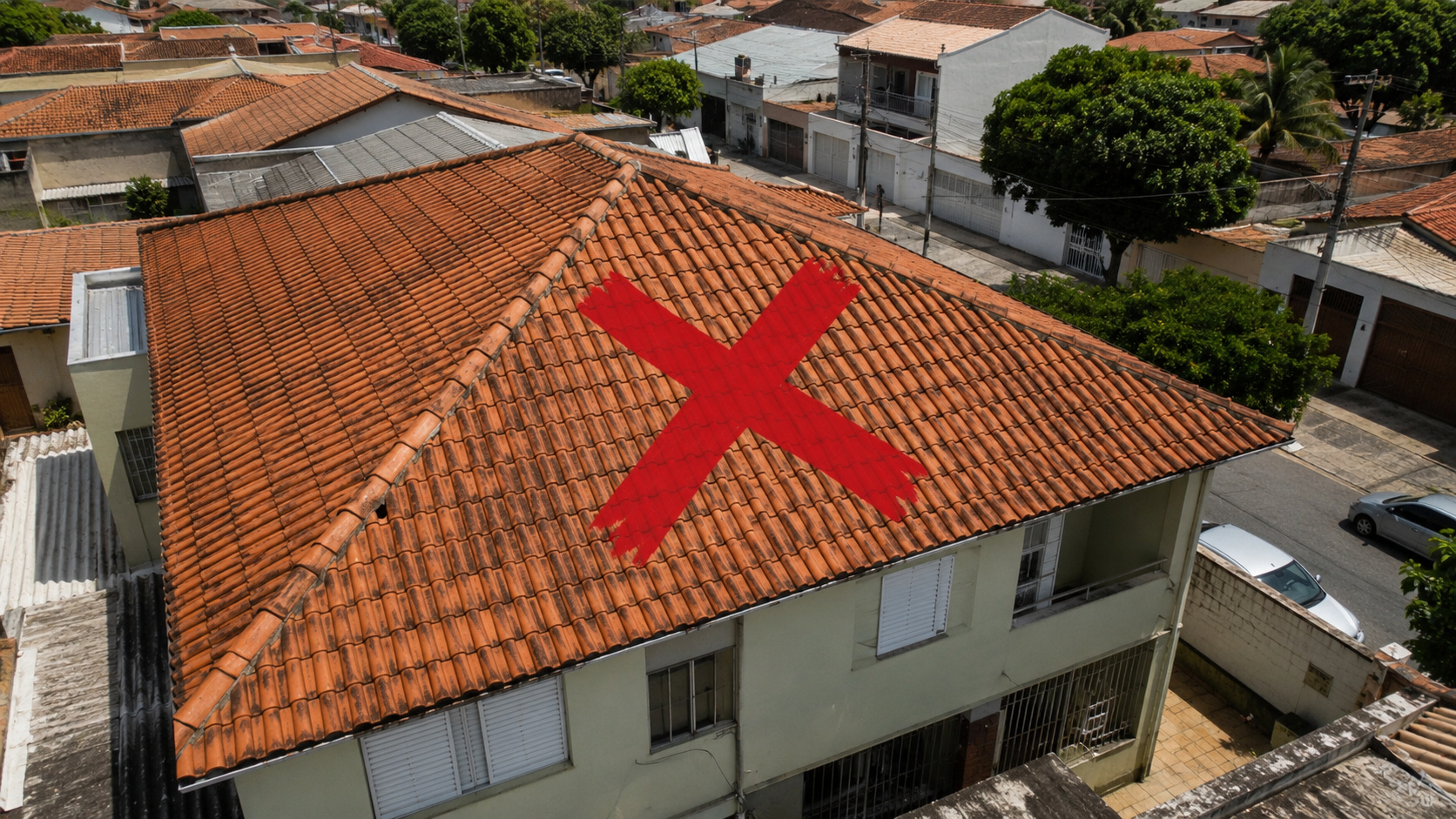 Vista aérea de uma casa com telhado de cerâmica marcado por um grande X vermelho, representando a substituição por telhado verde residencial.