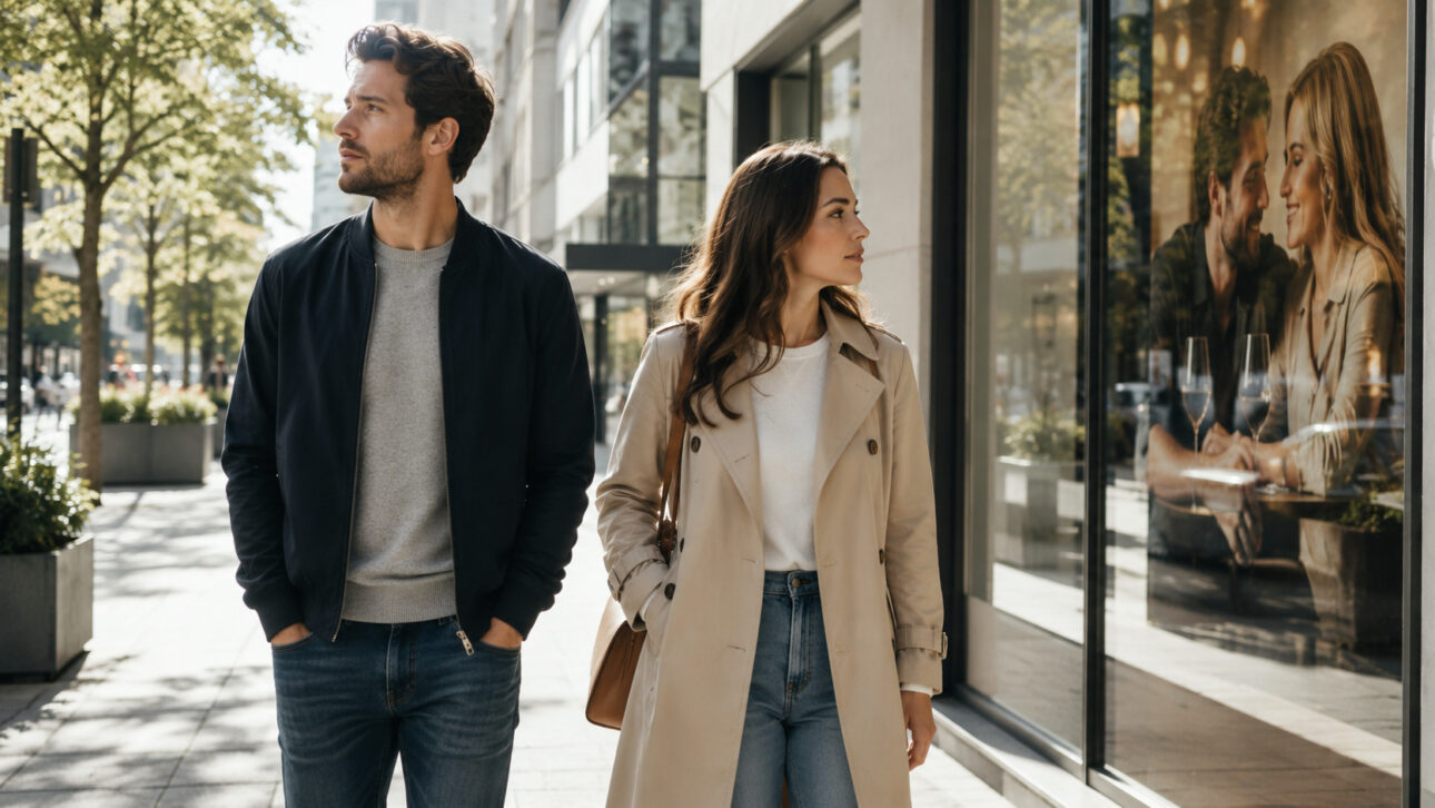 Casal caminhando em praça urbana moderna enquanto observa direções diferentes, simbolizando expectativas distintas em um relacionamento amoroso.