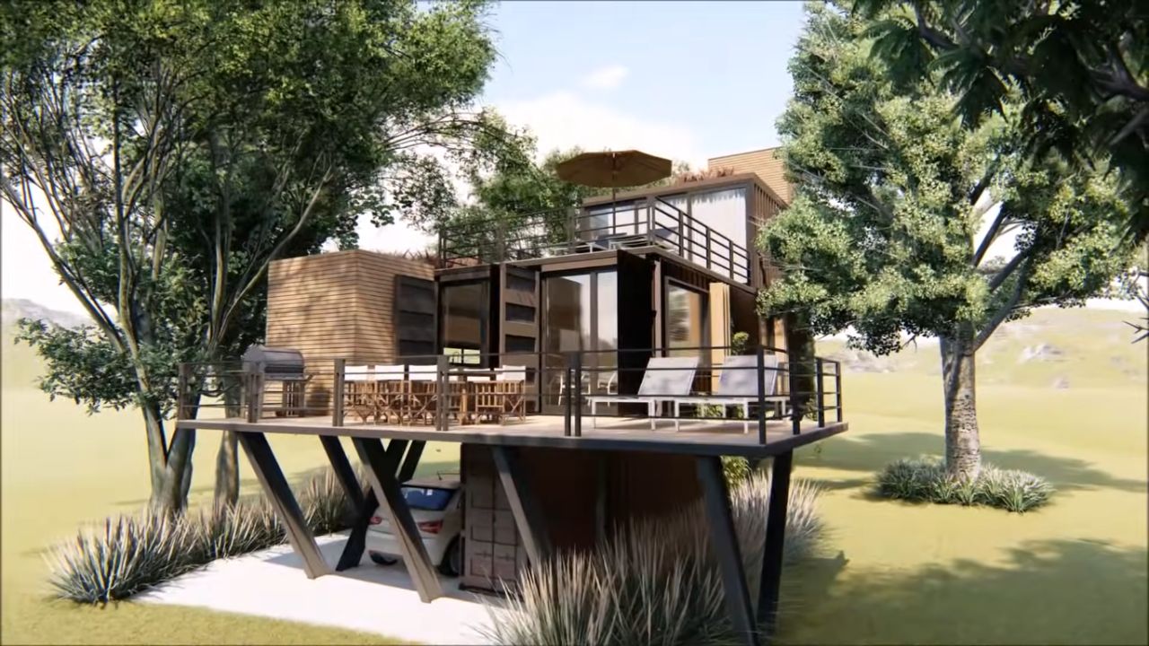 Suspended house made with recycled container uses reused materials, green roof, and sustainable solutions in the interior of São Paulo.