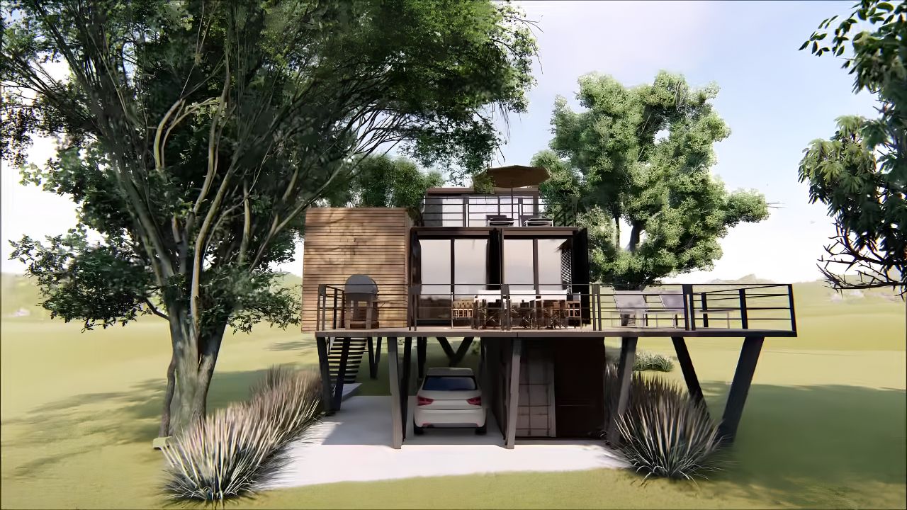 Suspended house made with recycled container uses reused materials, green roof, and sustainable solutions in the interior of São Paulo.