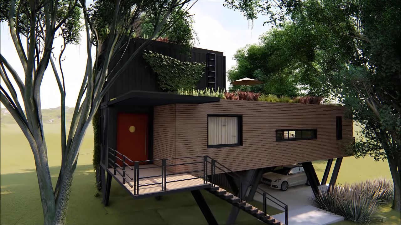 Casa suspensa feita com contêiner reciclado utiliza materiais reaproveitados, telhado verde e soluções sustentáveis no interior de São Paulo.