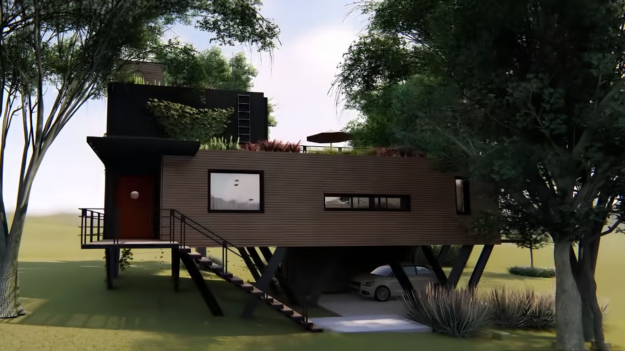 Suspended house made with recycled container uses reclaimed materials, green roof, and sustainable solutions in the interior of São Paulo.