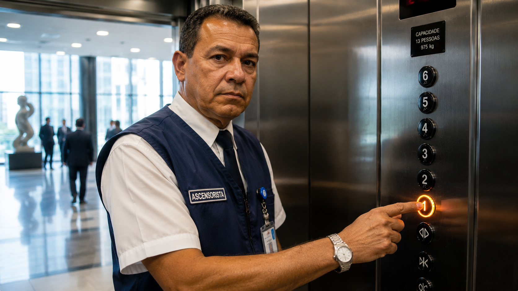 Ascensorista dentro de elevador de órgão público federal em Brasília durante discussão sobre gastos públicos e cargos obsoletos.