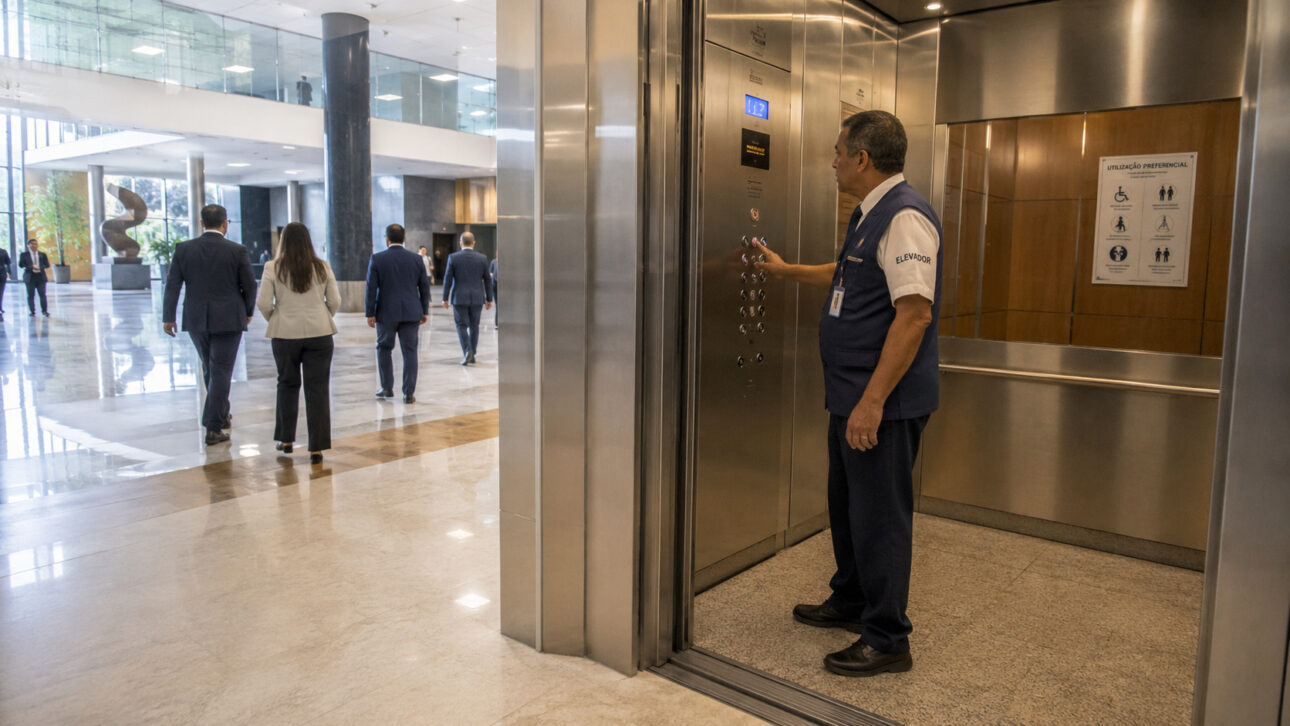 Ascensorista trabalhando em elevador de órgão público federal em meio à discussão sobre cargos obsoletos no governo brasileiro.