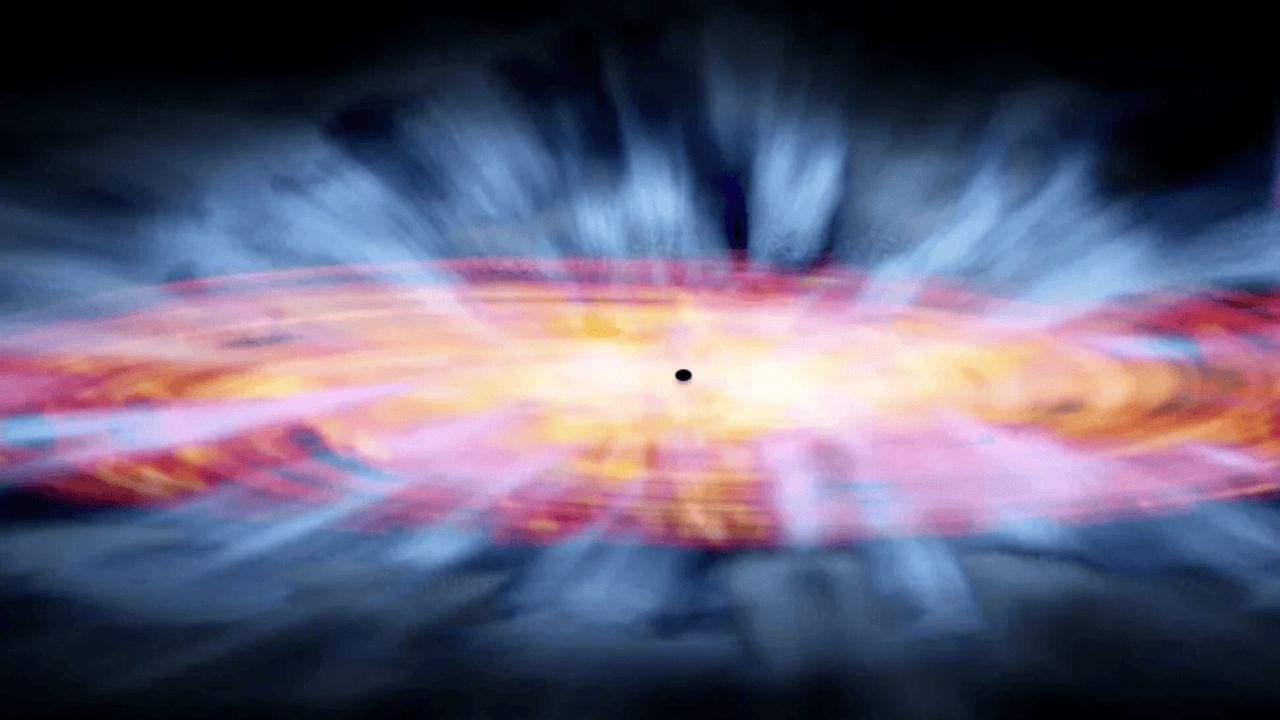 Astrônomos descobrem vento ultravioleta recorde em quasar distante, impulsionado por um buraco negro supermassivo.