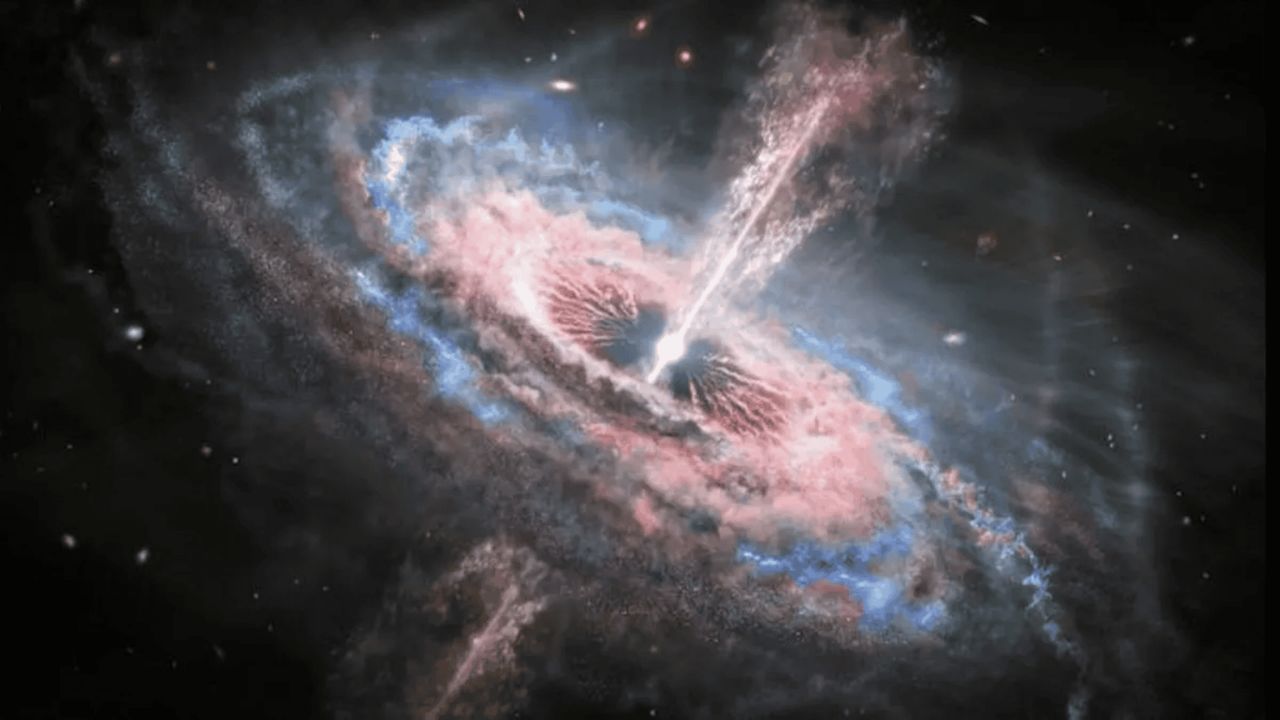 Astrônomos descobrem vento ultravioleta recorde em quasar distante, impulsionado por um buraco negro supermassivo.