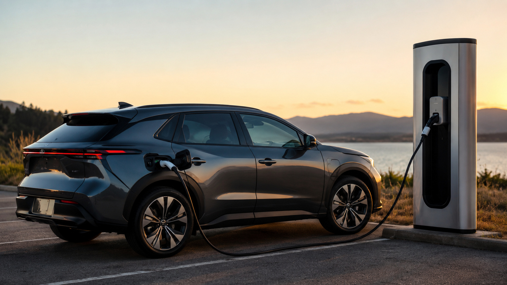 Carro elétrico conectado a carregador em área aberta, representando autonomia, recarga e alcance real de veículos elétricos.