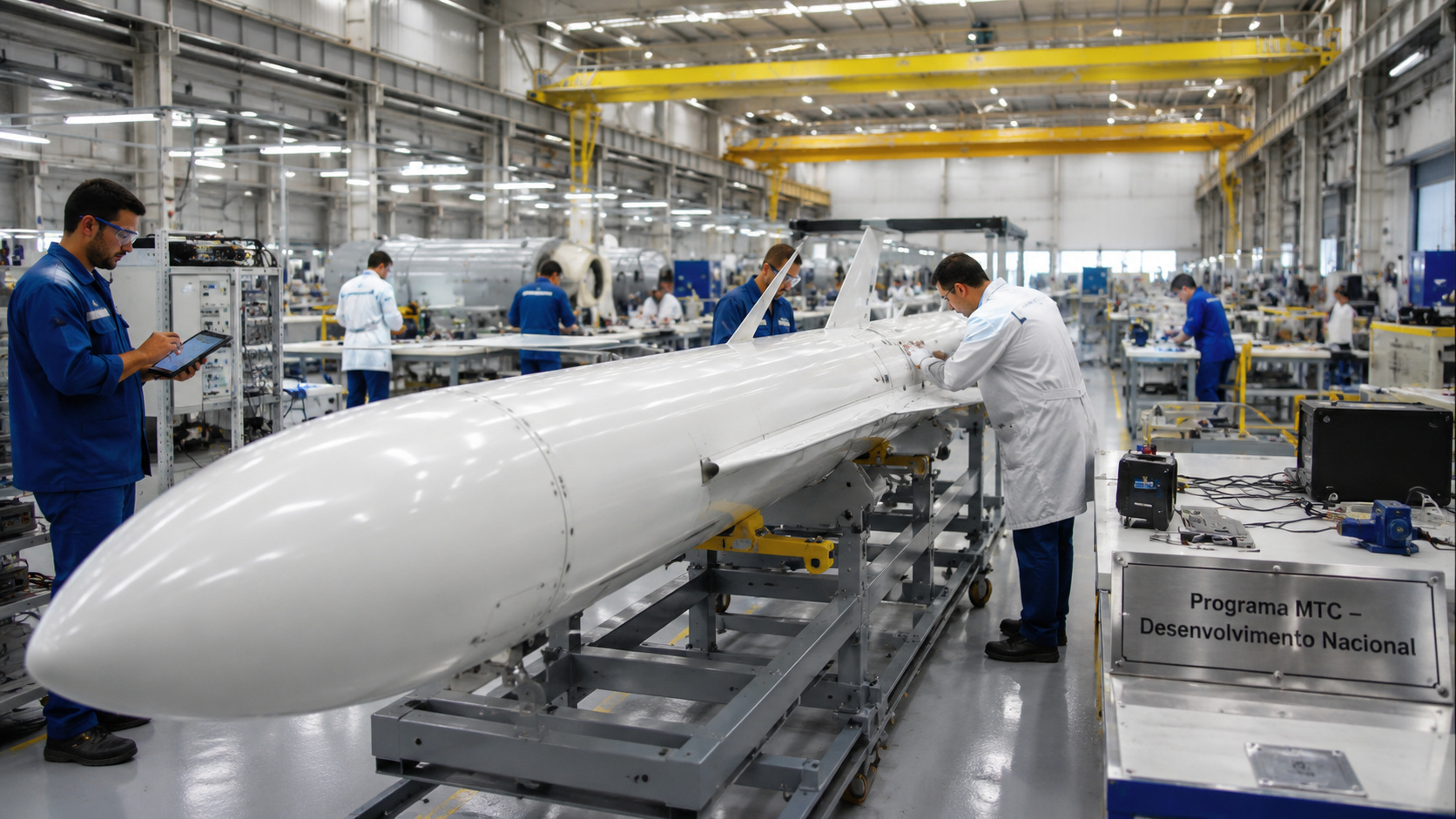 Interior de fábrica industrial de defesa da Avibras Aeroco em Jacareí, São Paulo, durante retomada da produção