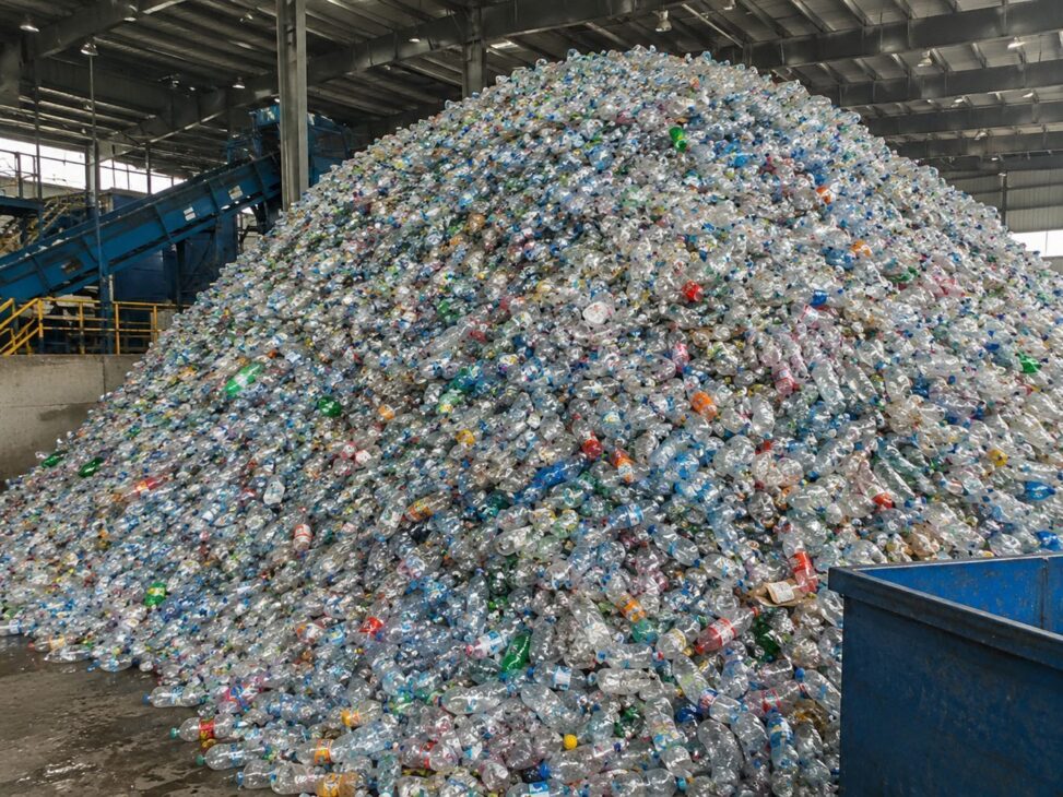 Montañas de botellas PET descartadas: solo una fracción del plástico del mundo es reciclada de hecho.