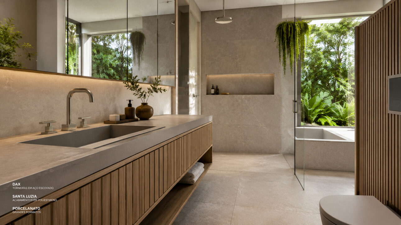 Modern bathroom with large format porcelain tiles and DAX brushed steel faucet.