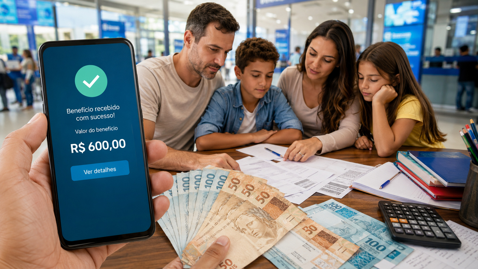 Família utilizando aplicativo Caixa Tem para consultar pagamento do Bolsa Família de junho de 2026.