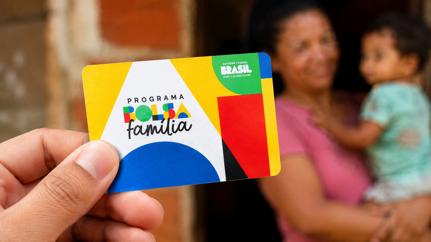 Cartão do Bolsa Família em destaque, segurado por uma mão, com família ao fundo representando beneficiários durante análise do BPC.