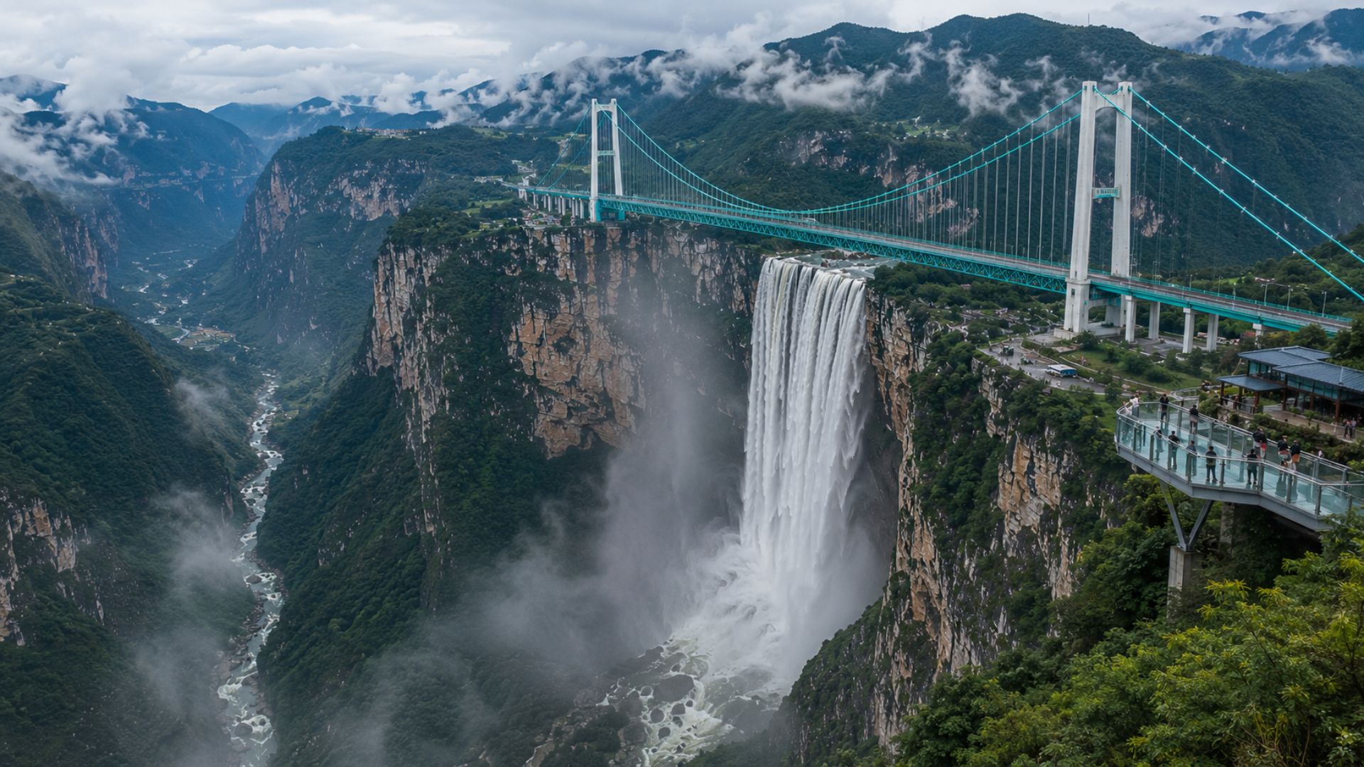 A ponte mais alta do mundo, em Huajiang, na China, ganhou uma cachoeira artificial de 625 m quando a engenharia transformou um aquífero em recorde.