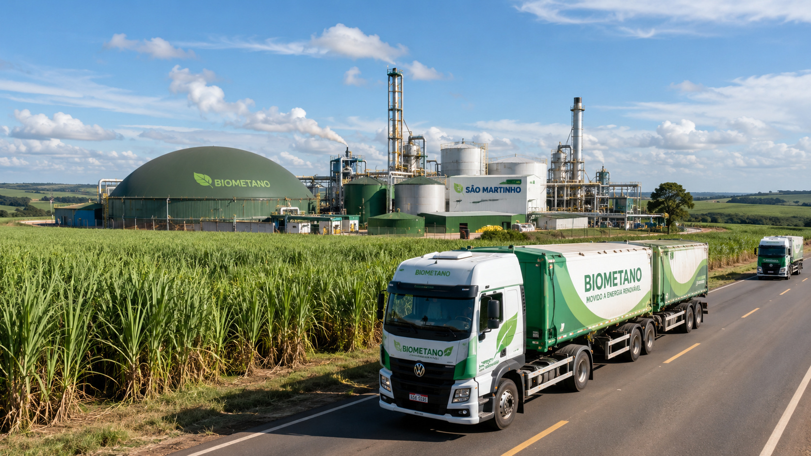 Caminhões movidos a biometano transportando açúcar em área de cultivo de cana-de-açúcar no interior de São Paulo.