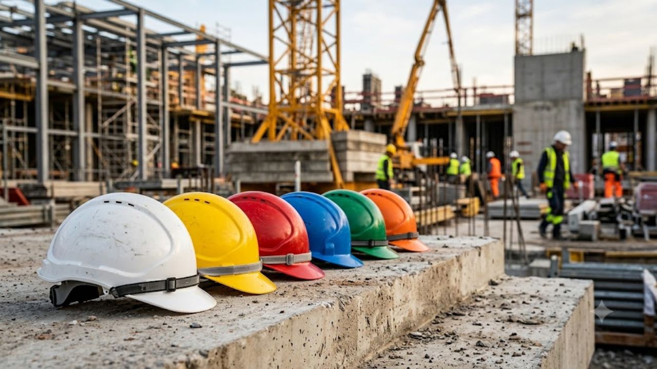 Helmet is mandatory in civil construction and its colors help identify functions, areas of operation, and safety teams.