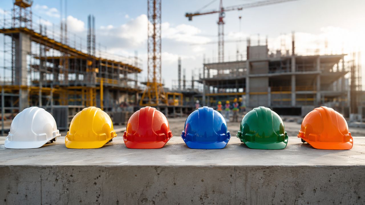 Helmet is mandatory in construction and its colors help identify roles, areas of operation, and safety teams.