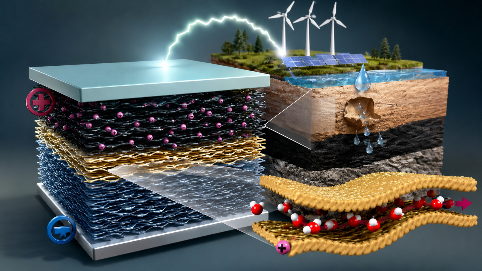 Representação científica de um capacitor azul utilizando água nanoconfinada entre camadas de grafeno e argila para armazenamento de eletricidade, com referência a energias renováveis como solar e eólica.
