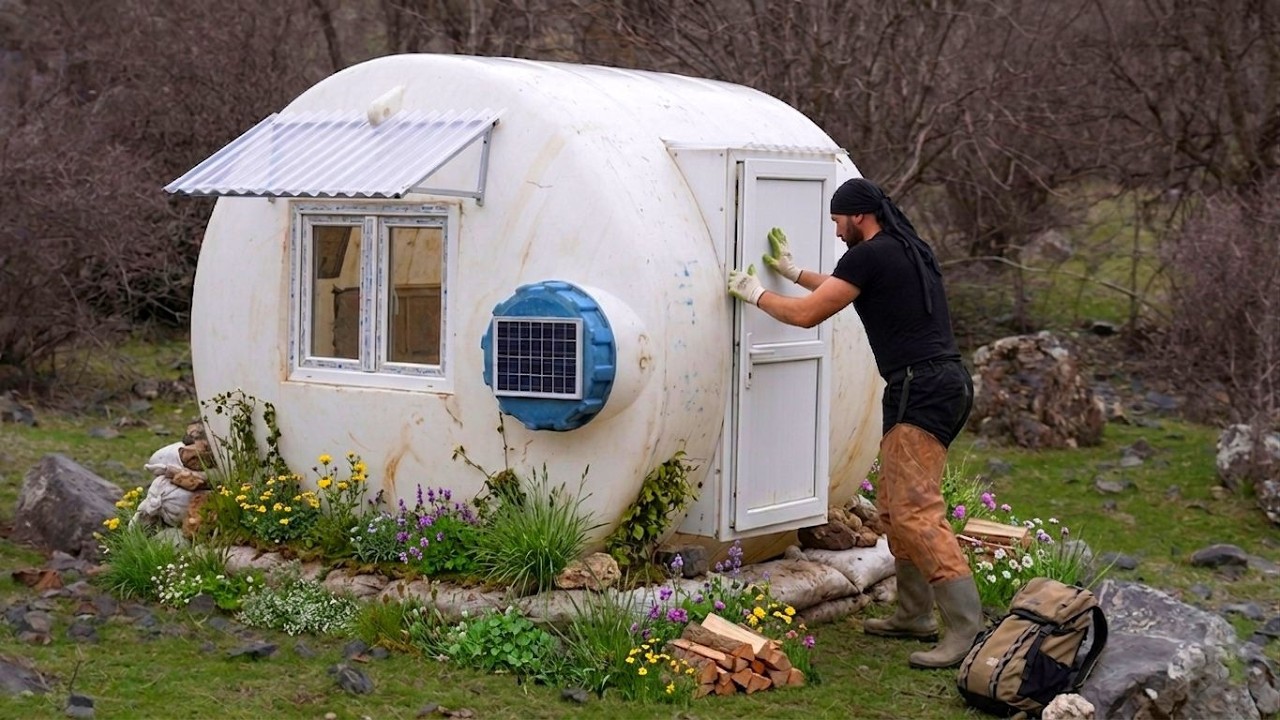 Tanque de água reaproveitado vira casa estilo hobbit com paletes, estrutura semienterrada e fachada curva em projeto que une reciclagem, baixo custo e isolamento térmico.