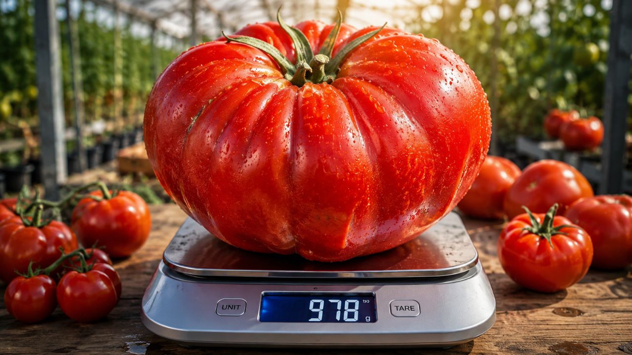 Casal do Rio Grande do Sul colhe tomate gigante de 978 gramas em cultivo orgânico e chama atenção pelo tamanho incomum.