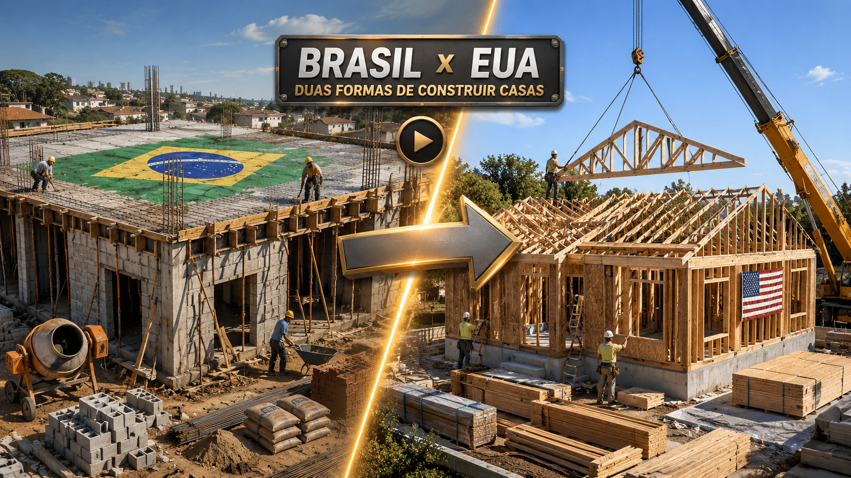 Casa americana em construção mostrando estrutura de madeira (wood frame) sobre fundação de radier