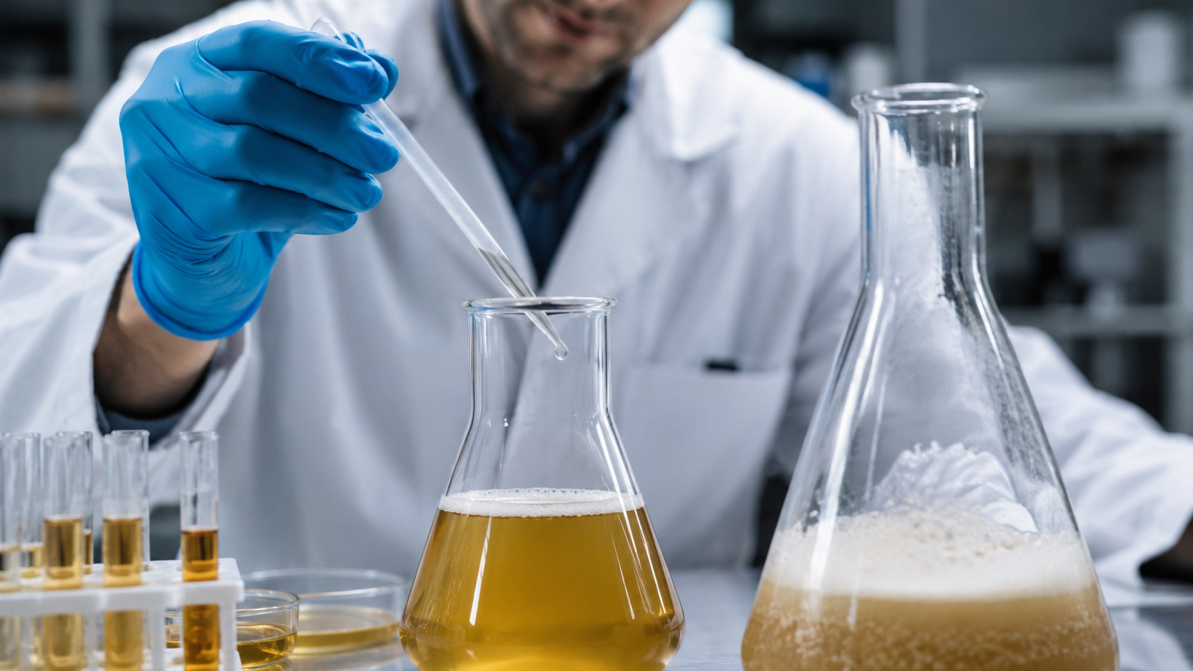 Cientista manipula uma pipeta em laboratório ao lado de recipientes com líquido semelhante à cerveja durante pesquisa sobre vacina experimental com leveduras vivas.