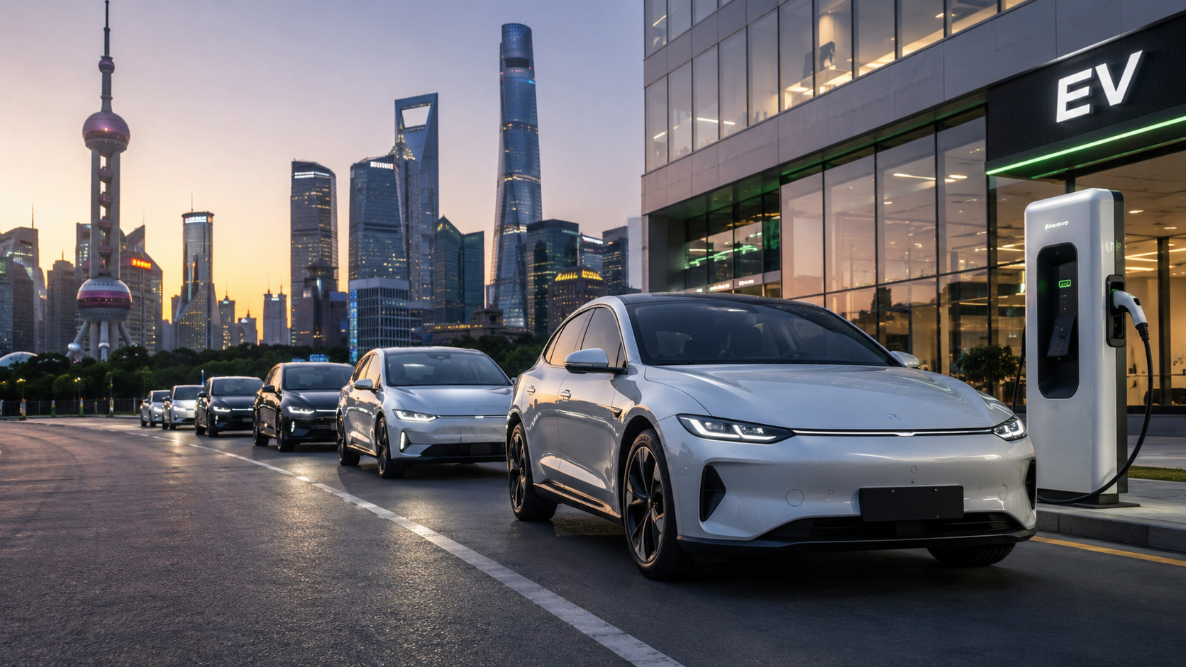 Carro elétrico em rua moderna da China ao lado de carregador, com outros veículos ao fundo e prédios urbanos iluminados.