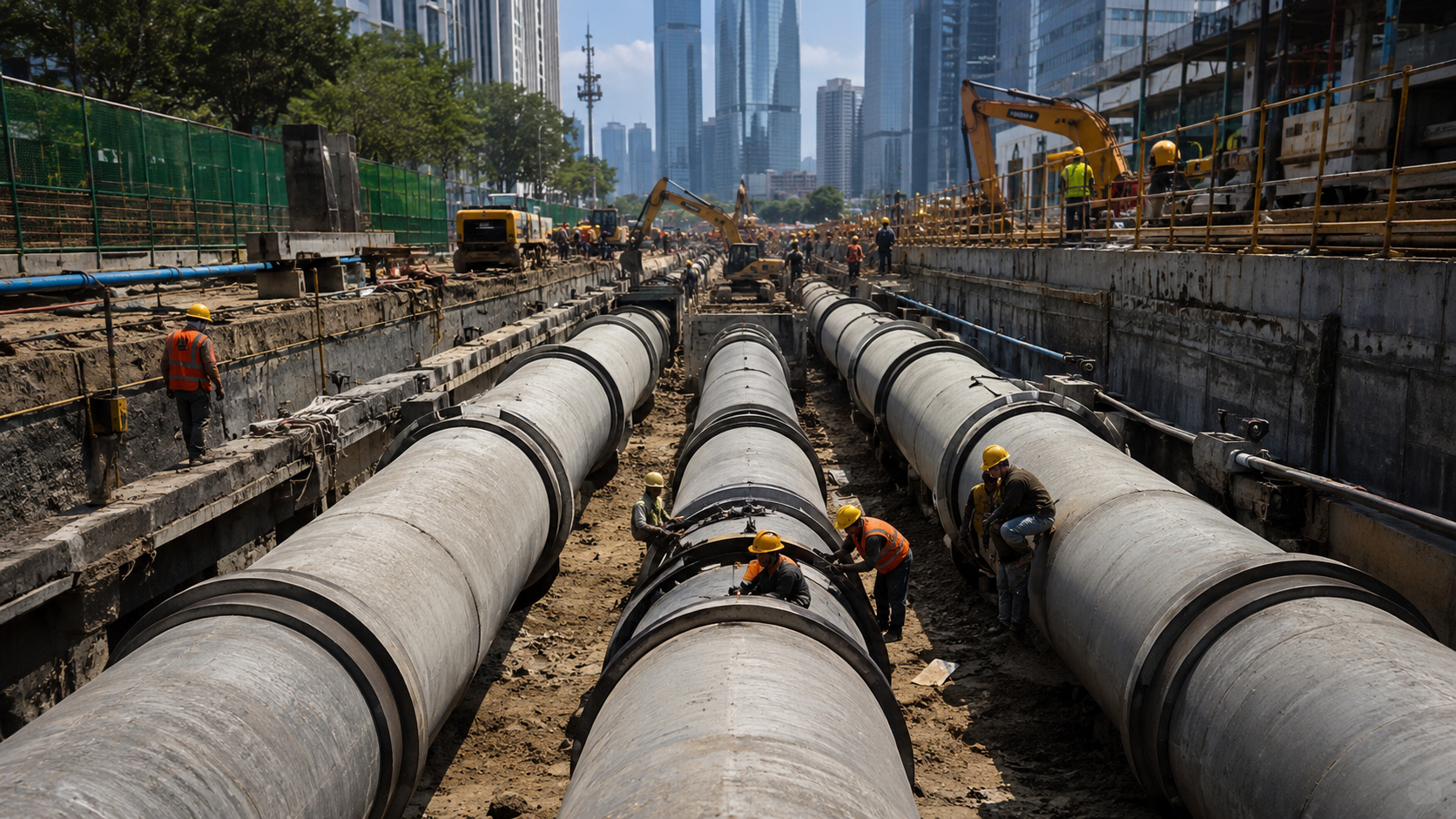 Obra subterrânea urbana na China com grandes tubos de drenagem, máquinas de escavação e prédios modernos ao fundo.