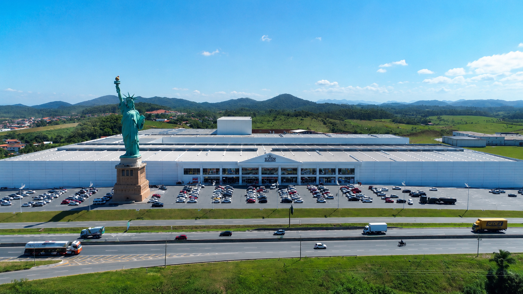 Vista aérea de uma loja da Havan com a réplica da Estátua da Liberdade em Blumenau, cidade reconhecida pelos baixos índices de violência e pelo crescimento econômico em Santa Catarina.