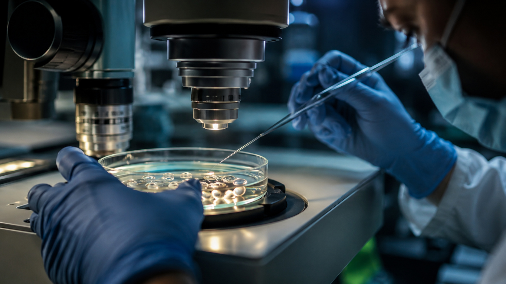 Cientista analisa embriões humanos em laboratório durante pesquisa sobre edição genética e correção de DNA.