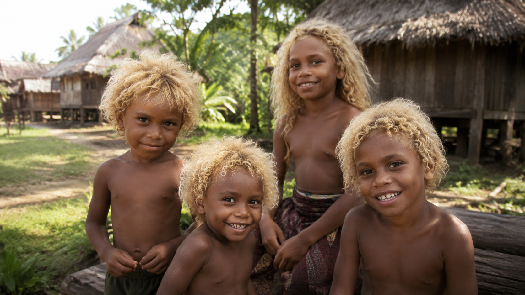 Crianças de pele escura com cabelos loiros naturais em vila tropical, representando a diversidade genética das Ilhas Salomão.