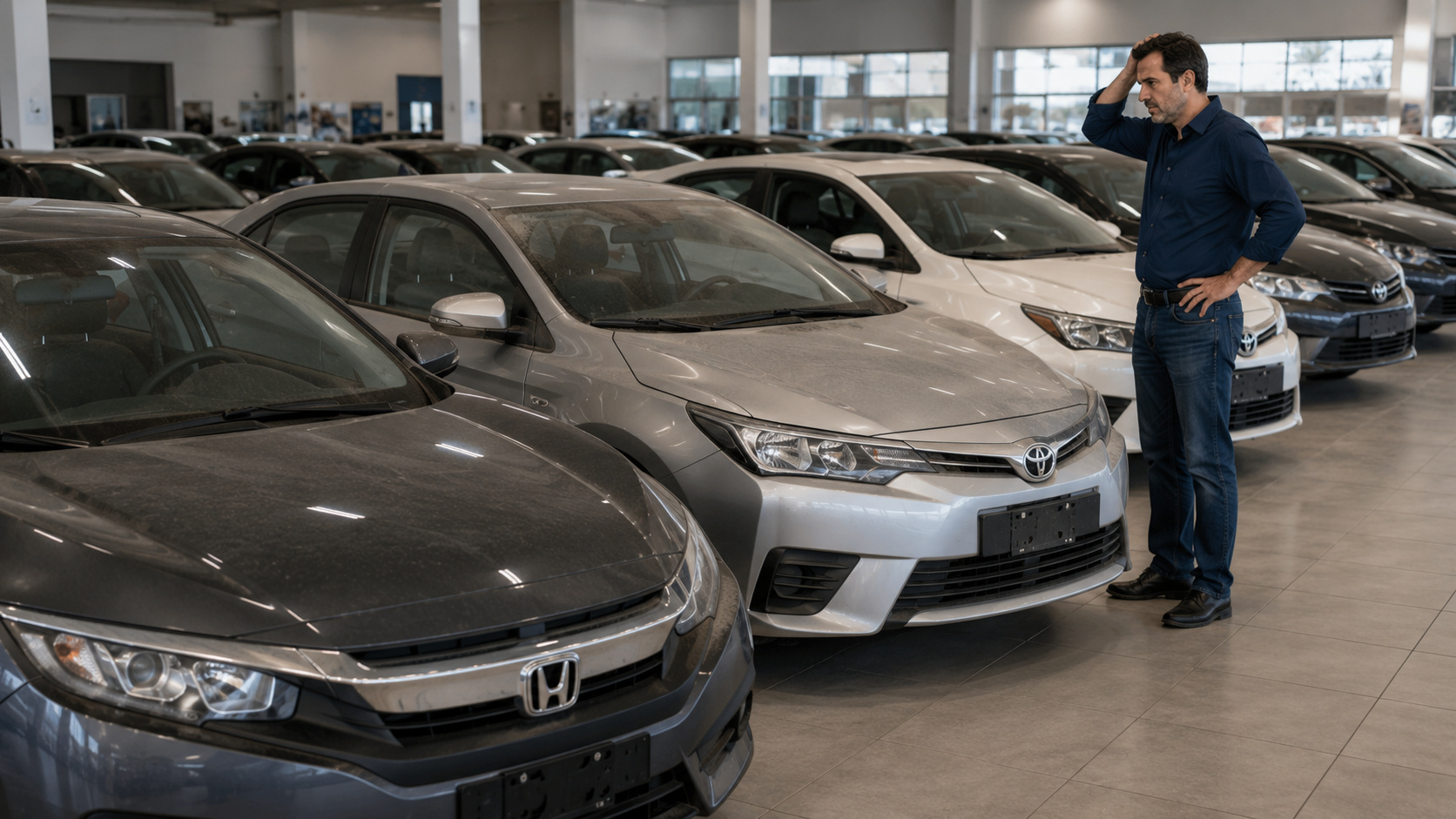 Civic e Corolla usados estão encalhados há meses em estoque. "As pessoas estão preferindo carros chineses", afirma dono de loja de carros