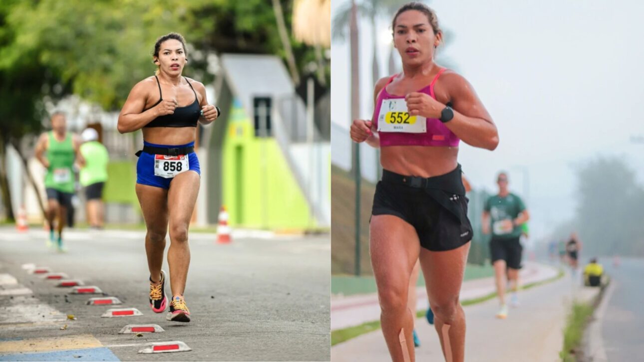 Garbage collector Maria Ângela Costa running alongside a collection truck after achieving a podium in a street race in Santa Catarina.