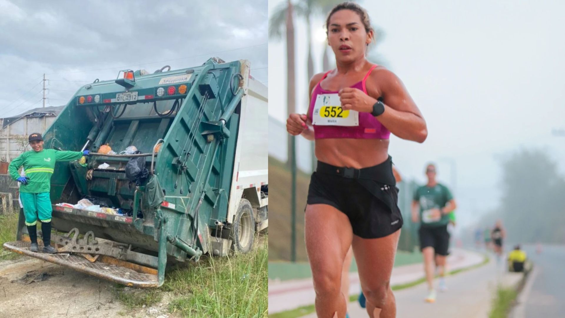 Coletora de lixo Maria Ângela Costa correndo ao lado de caminhão de coleta após conquistar pódio em corrida de rua em Santa Catarina.