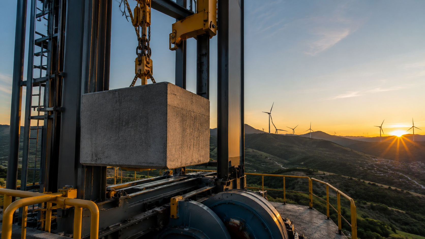 Estrutura industrial com bloco de concreto suspenso por guindaste, representando bateria de gravidade para armazenar energia renovável.