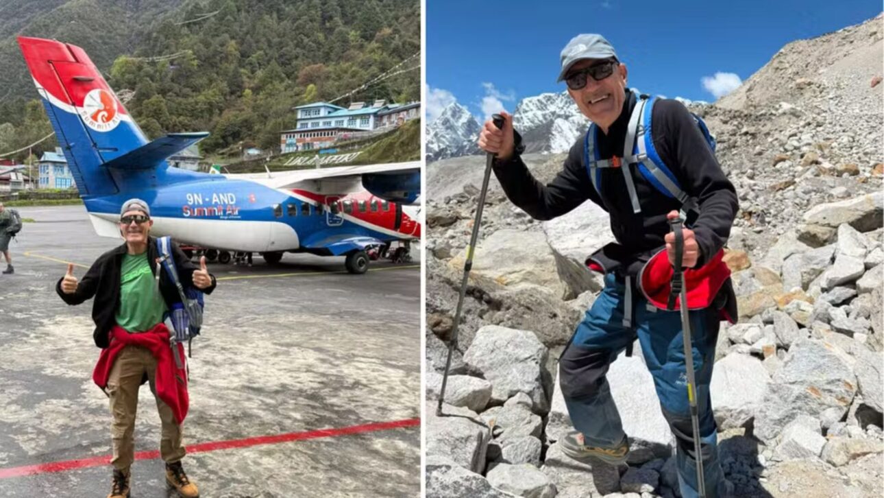 Trekker percorre trilha no Himalaia rumo ao Campo Base do Everest, a 5.364 metros de altitude