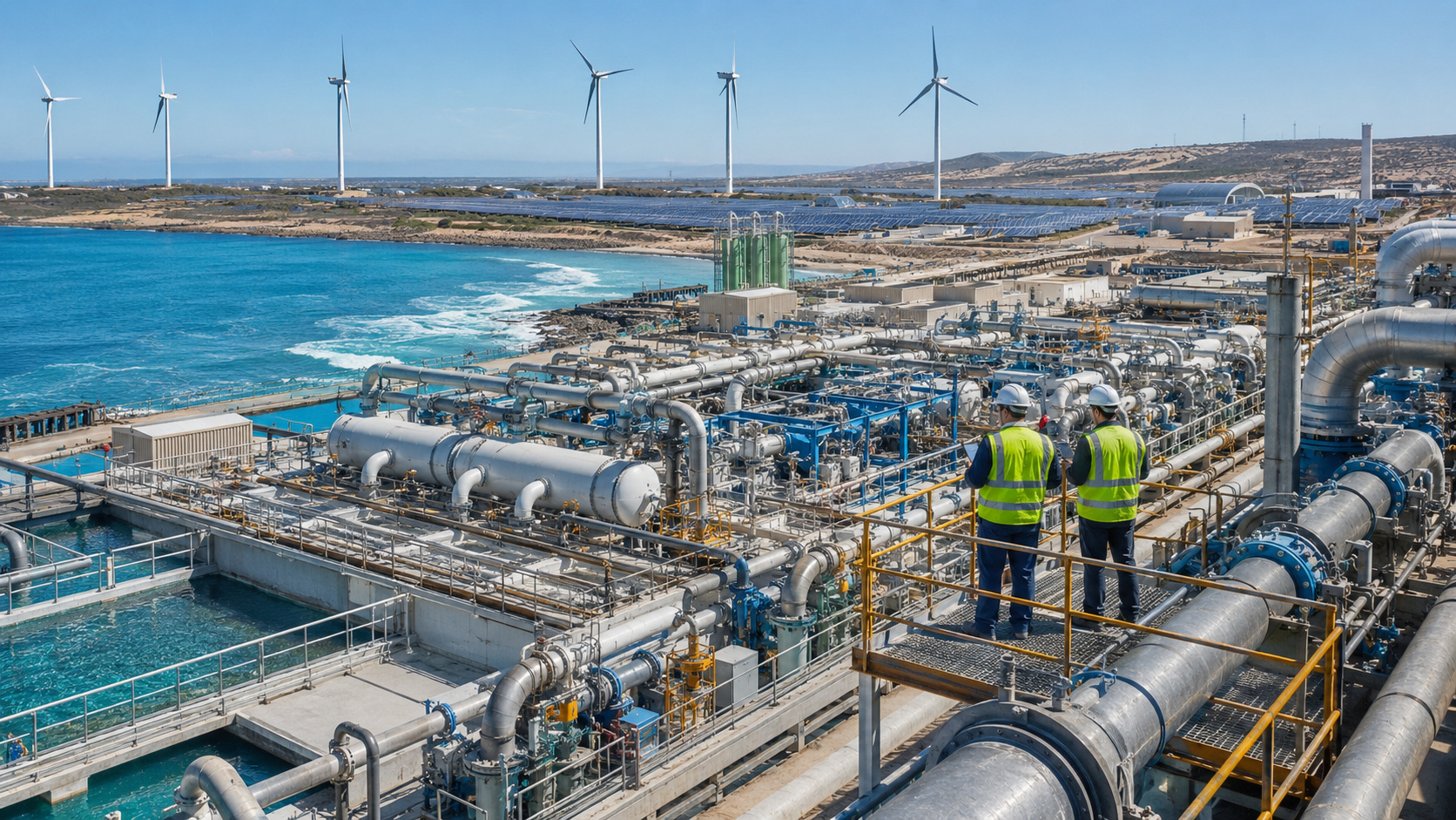 Usina de dessalinização no Marrocos com estruturas industriais, oceano ao fundo e parque eólico utilizado para geração de energia renovável.