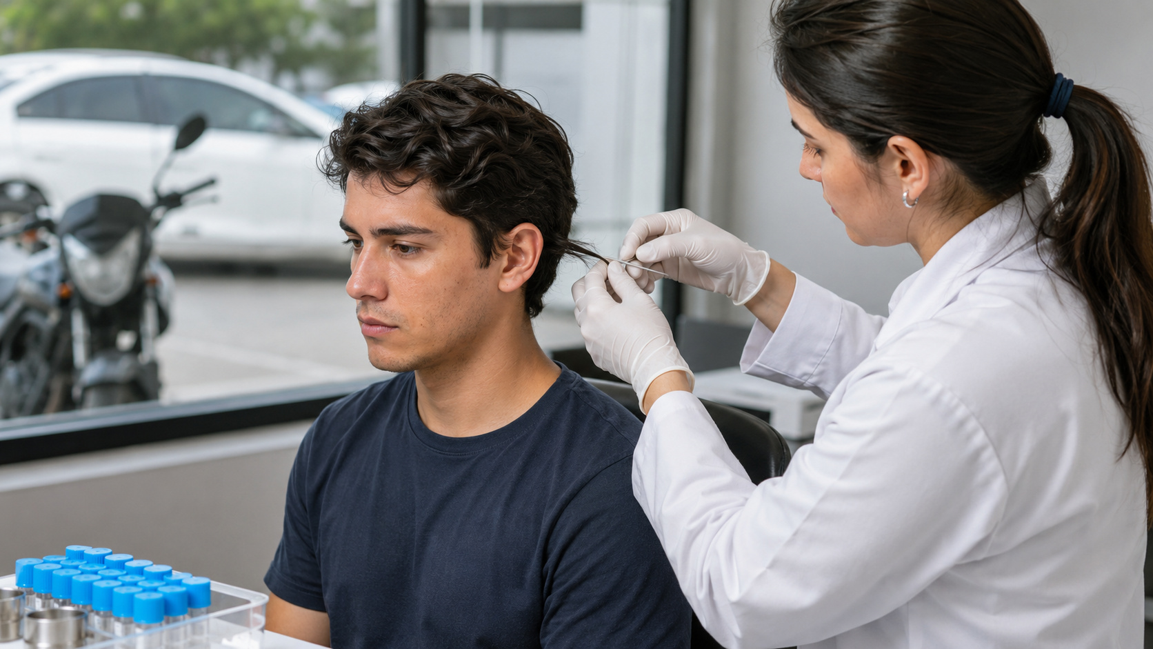 Profissional coleta amostra de cabelo para exame toxicológico exigido na primeira habilitação de carros e motos pelo Detran RJ.