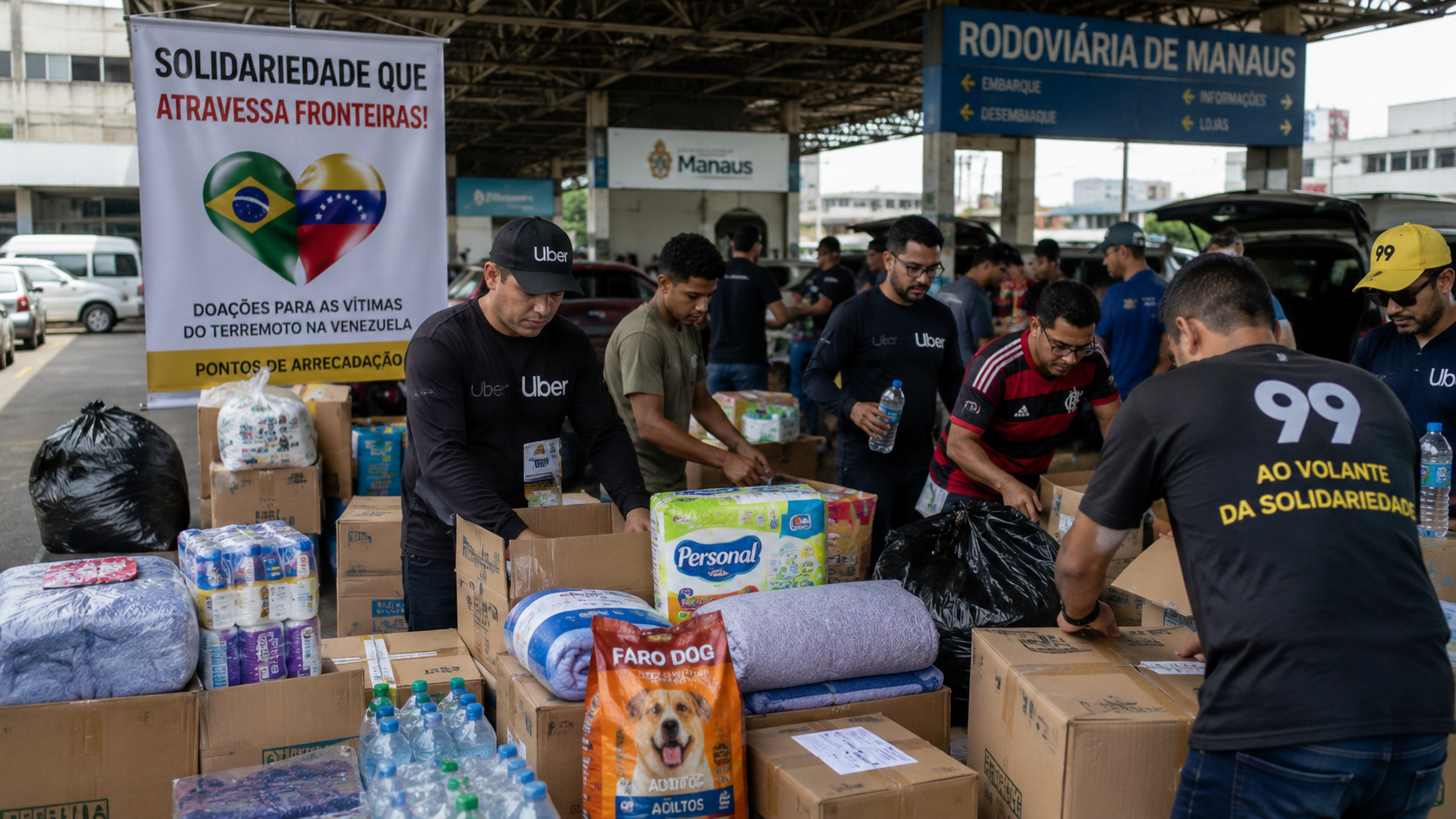 Motoristas de aplicativo organizam doações para vítimas dos terremotos na Venezuela em Manaus.