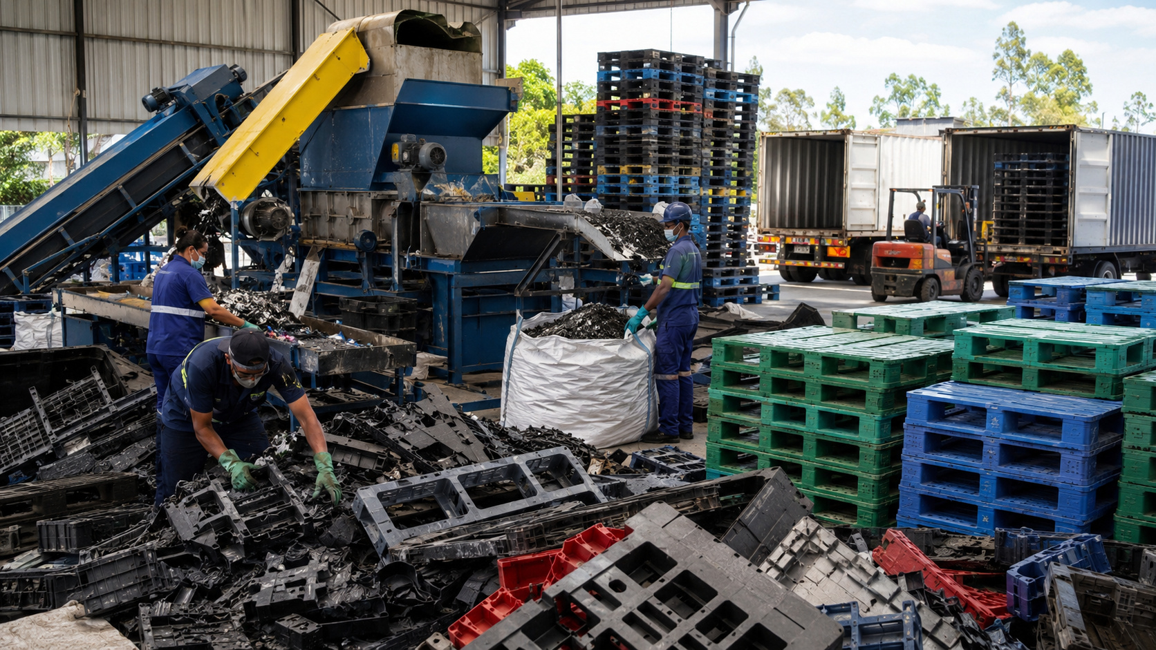 Funcionários realizam reciclagem de pallets plásticos quebrados em centro industrial da EkoPalete para produção de novos pallets.