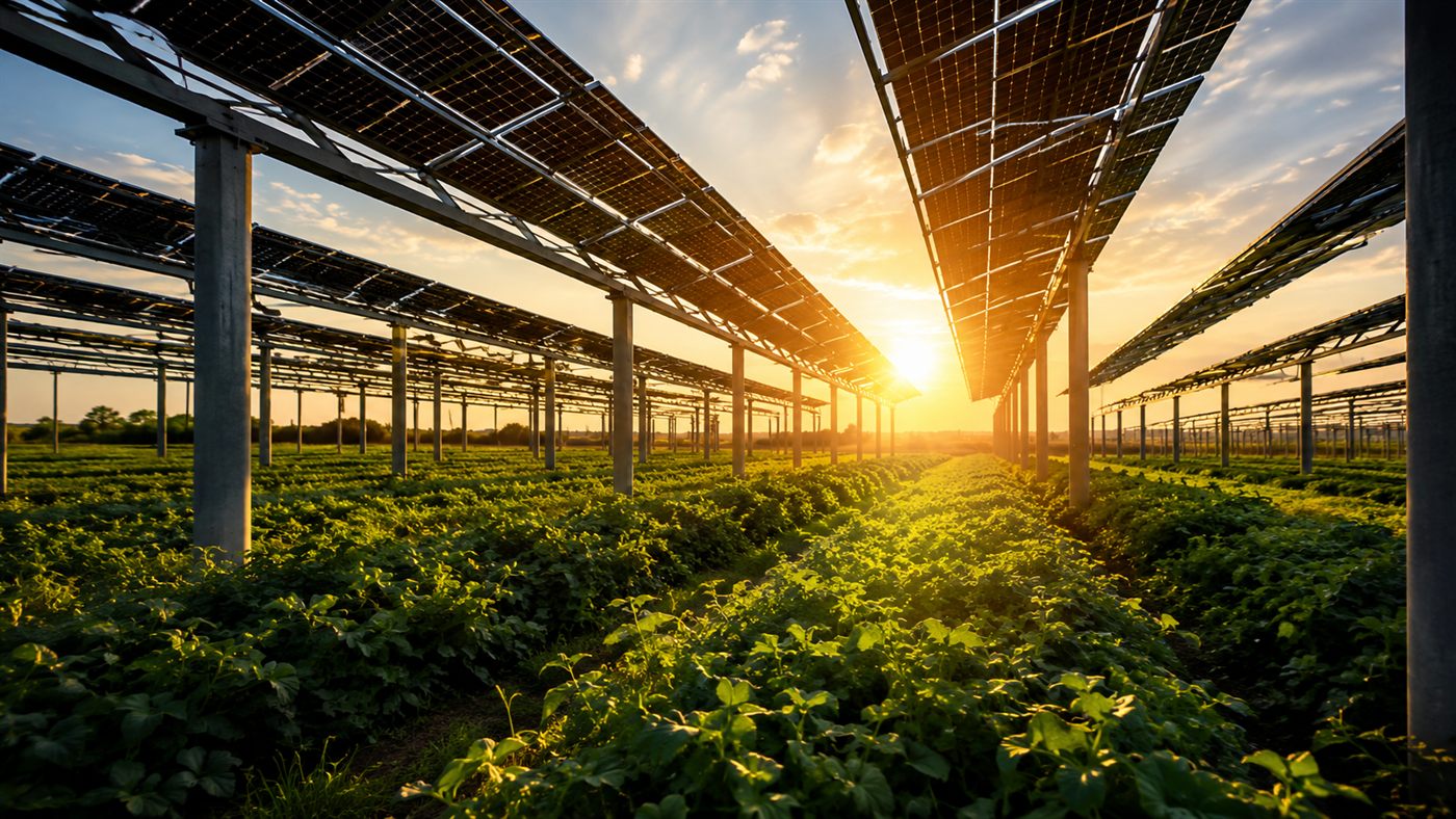 Fileiras de painéis solares erguidas acima de uma plantação verde, gerando energia e sombra ao mesmo tempo.