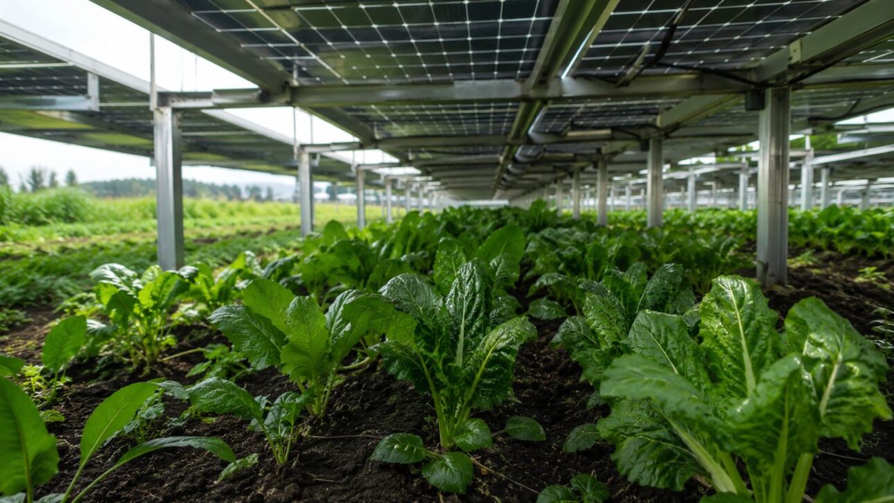 Debajo de los módulos, el suelo más fresco protege el cultivo del calor y la pérdida de agua.