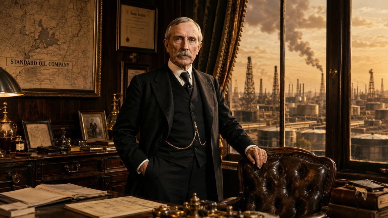 Descubra como John D. Rockefeller aproveitou o Pânico de 1873 para comprar rivais falidas, criar a Standard Oil e se tornar o primeiro bilionário do mundo.