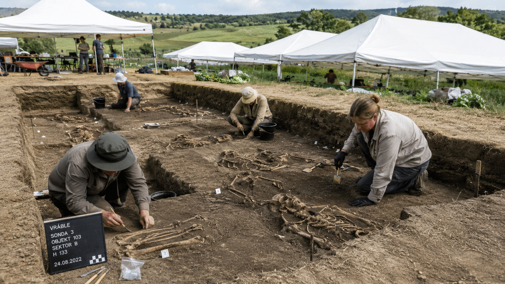 Arqueólogos escavam vala com esqueletos humanos sem cabeça de 7 mil anos em Vráble, na Eslováquia.