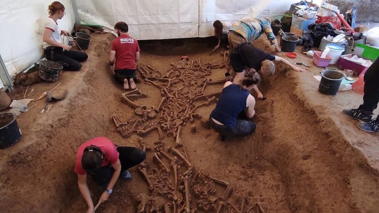 Arqueólogos escavam vala com esqueletos humanos sem cabeça de 7 mil anos em Vráble, na Eslováquia.
