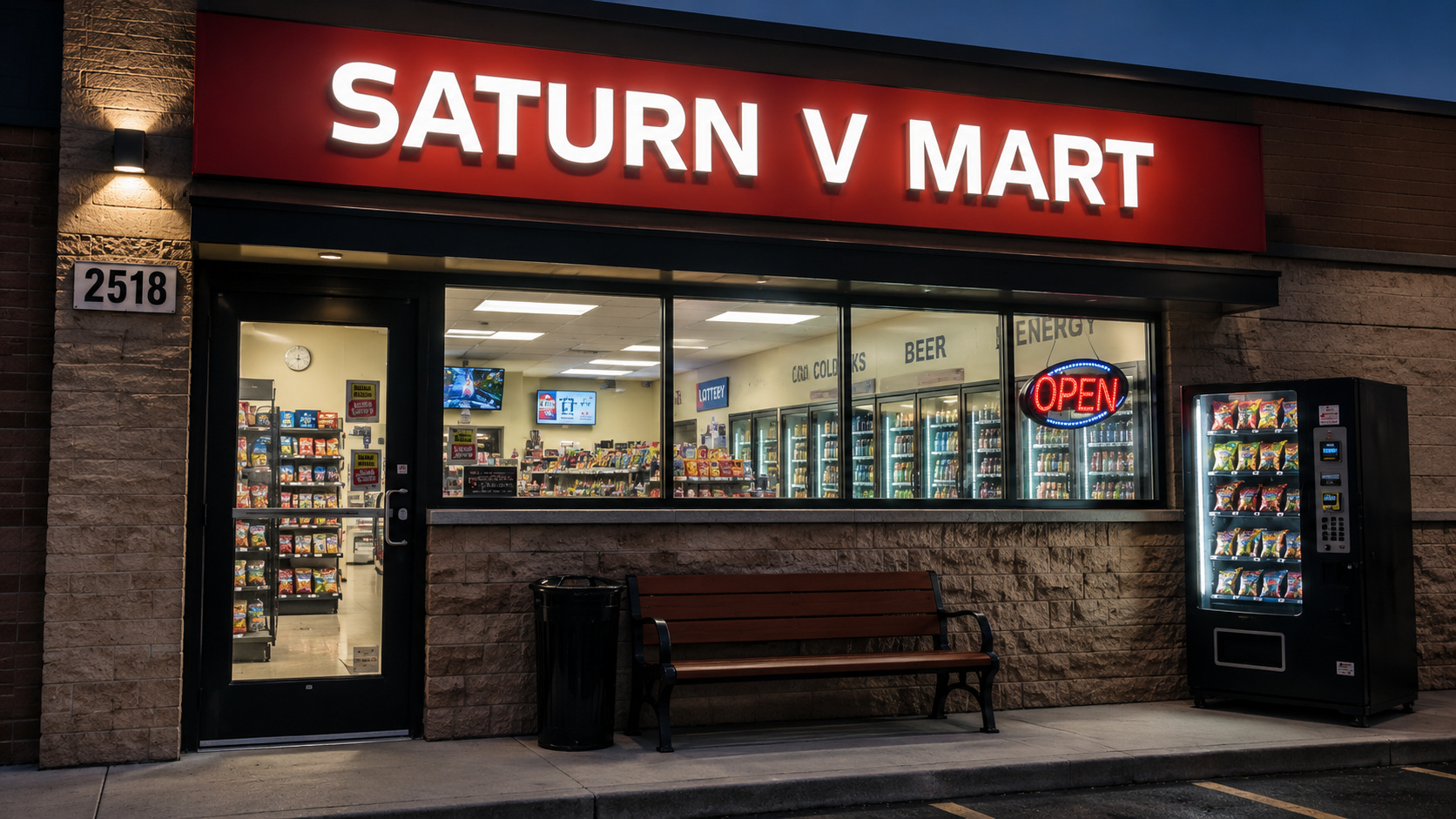 Fachada de loja de conveniência cenográfica iluminada à noite, com vitrine, banco e máquina de vendas, representando ambientes urbanos simulados usados em treinamentos contra ataques hackers.