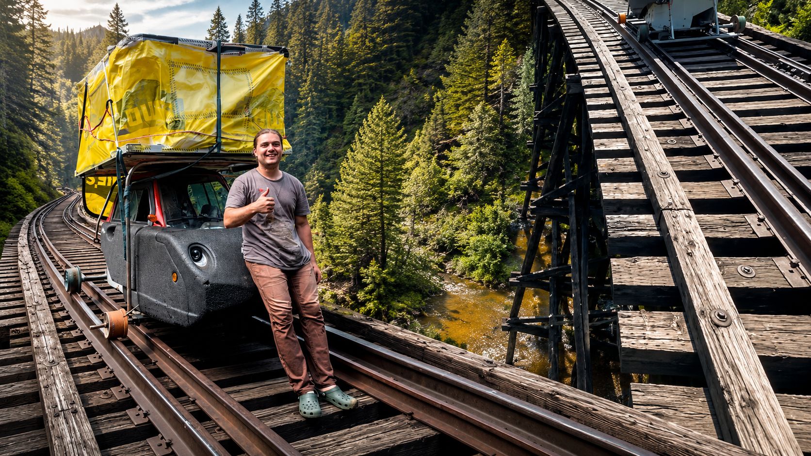 Ferrovia abandonada surpreende Matt Spears com pontes antigas, trilhos tomados pelo mato e pane elétrica durante expedição.